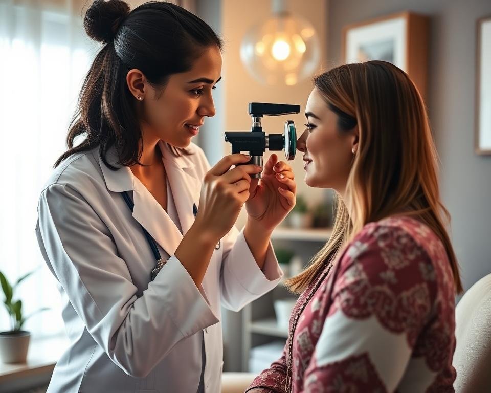 Modern practitioner performing Iridology Iris Diagnosis with a client in a natural medicine clinic