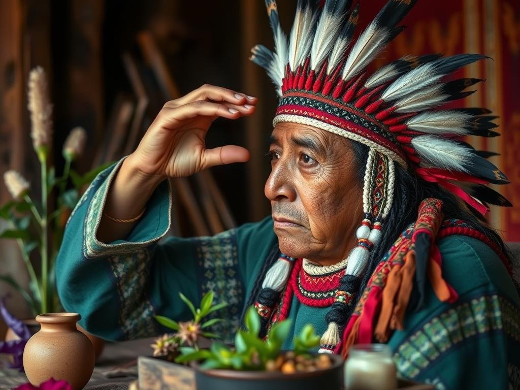 Native American healer performing traditional eye reading
