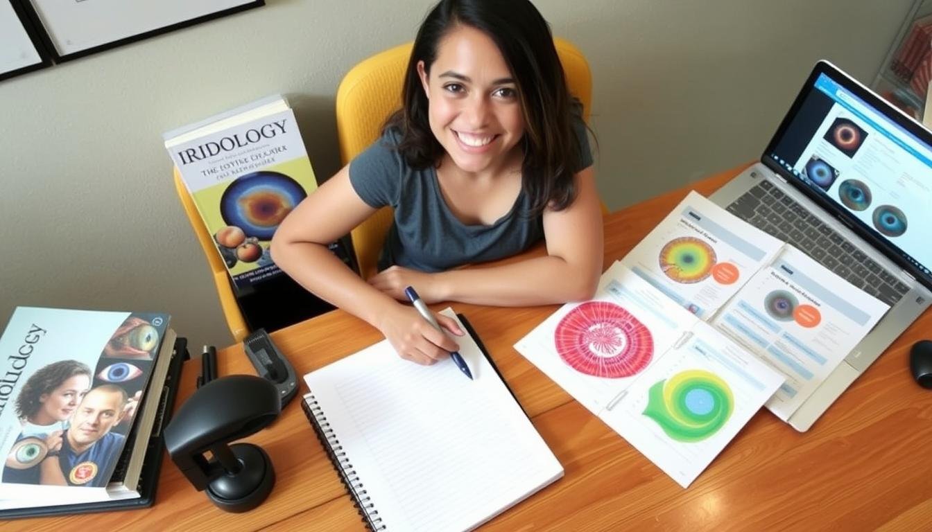 New iridology student beginning their studies with books and iris charts