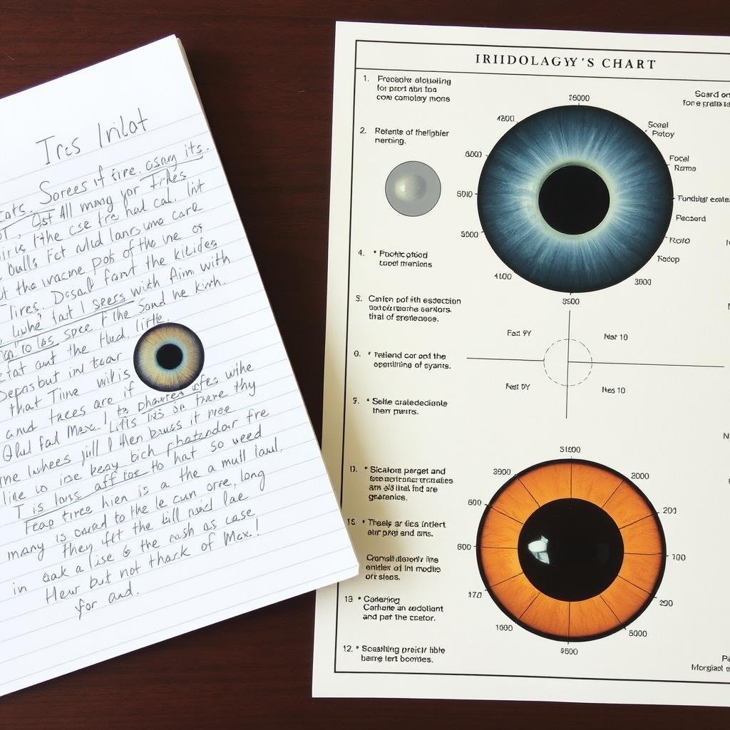 Notepad with iris observations and marked iridology chart
