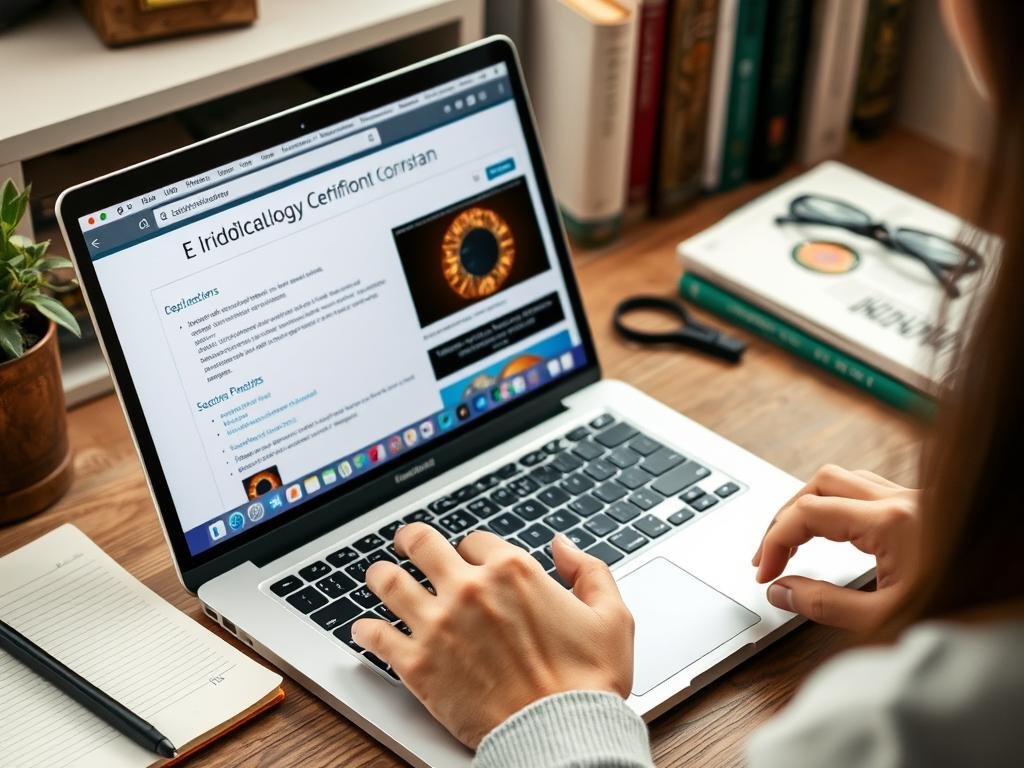 Online iridology certification program being accessed on a laptop