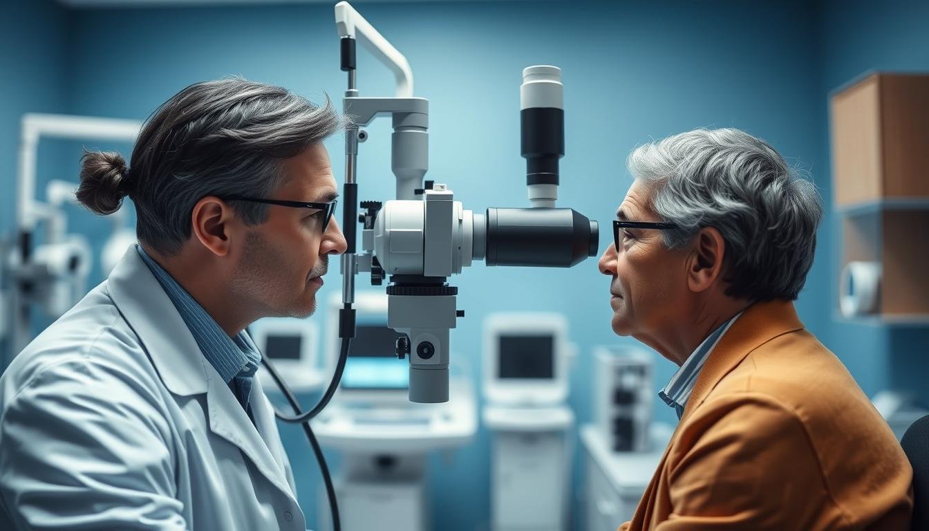 Ophthalmologist examining a patient's eyes with specialized equipment