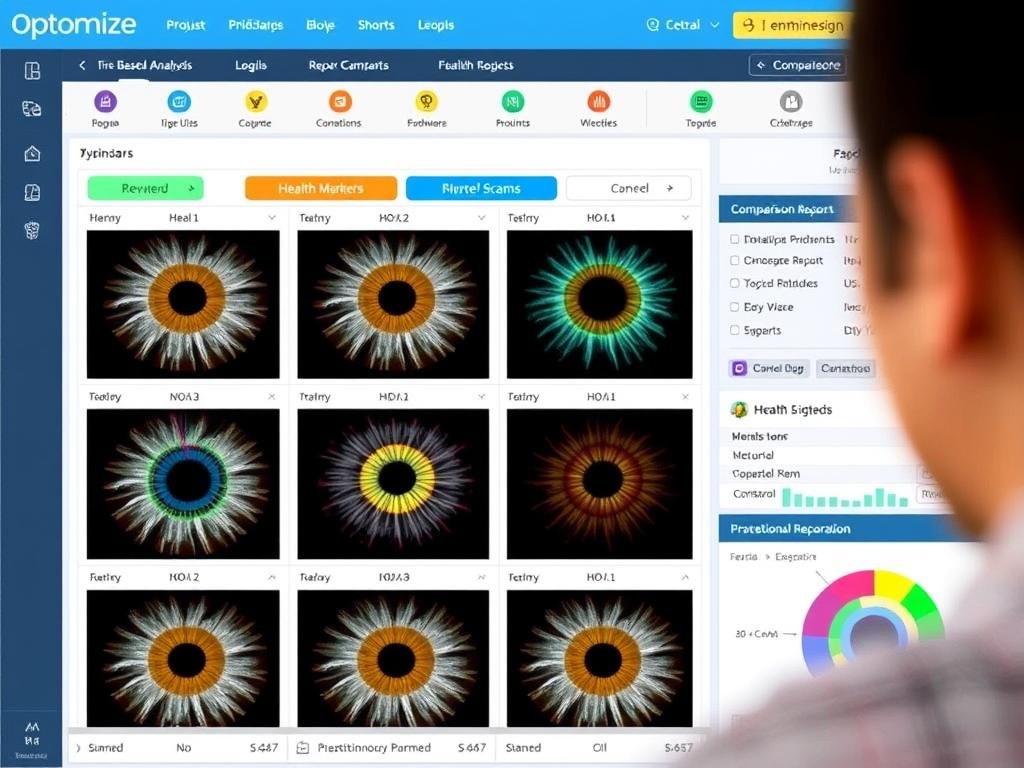 Optomize cloud-based iridology software showing comprehensive analysis dashboard