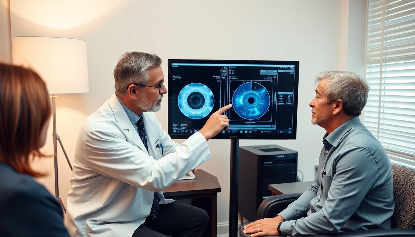 Patient consulting with eye doctor about eye reading results