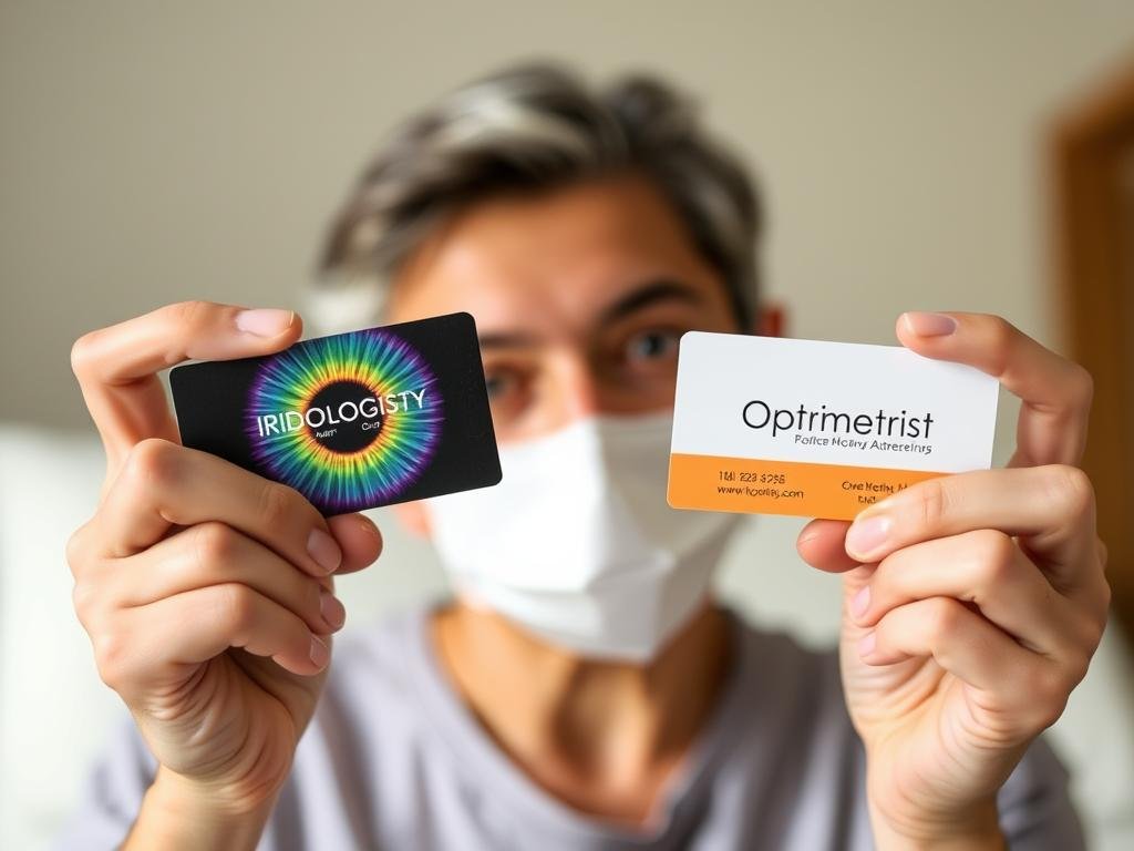 Patient deciding between consulting an iridologist or an optometrist