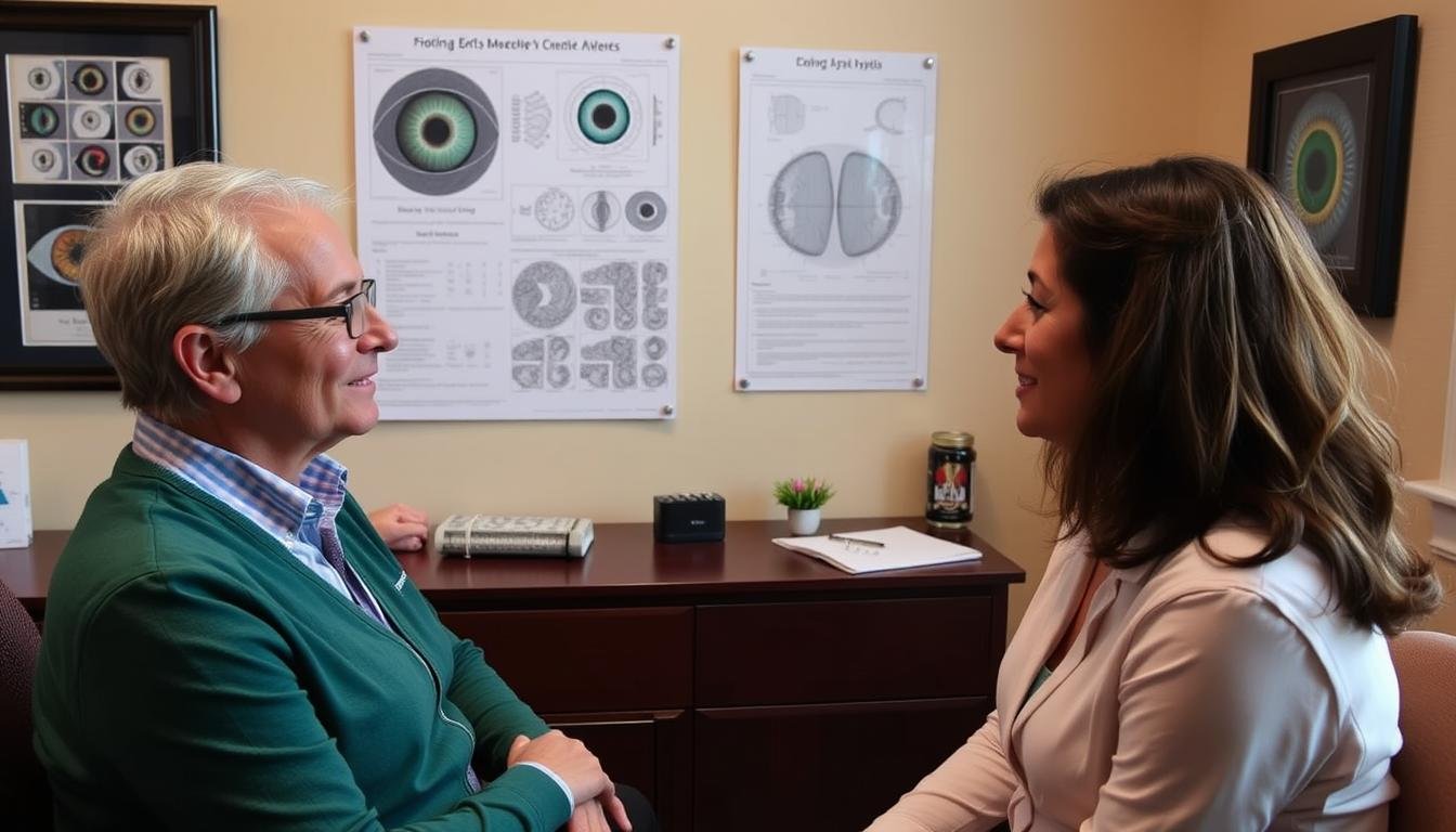 Patient discussing iridology findings with a practitioner in a consultation room