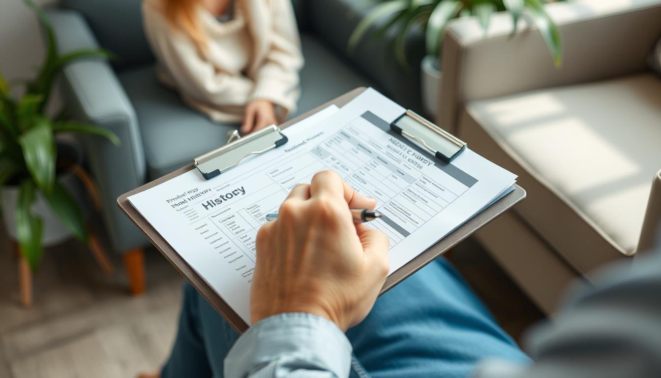 Patient filling out health history forms before an iridology consultation