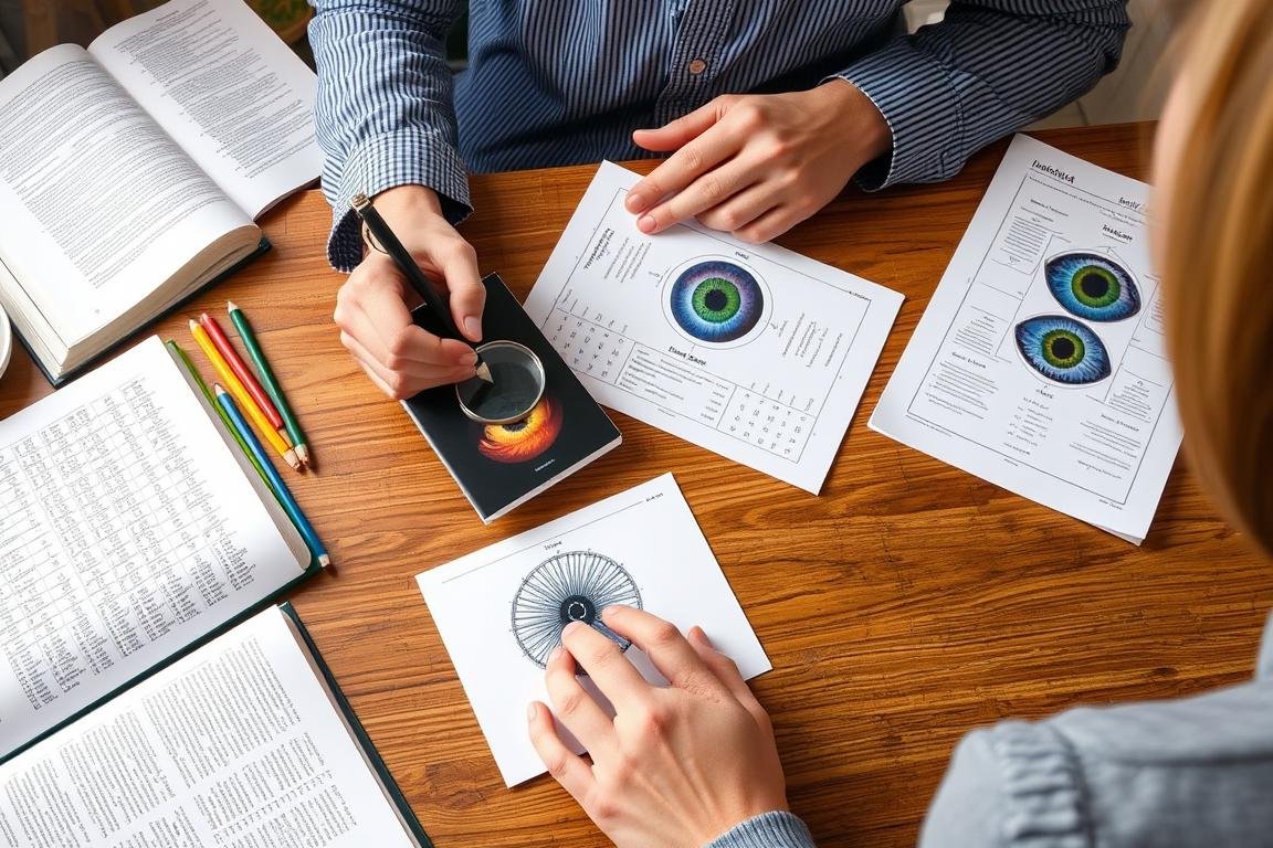 Person analyzing an iridology chart with reference materials