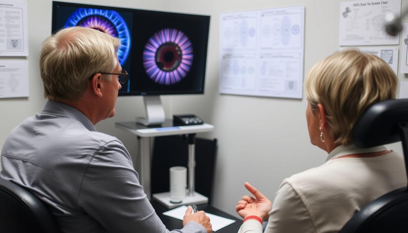 Person asking questions during an iridology consultation