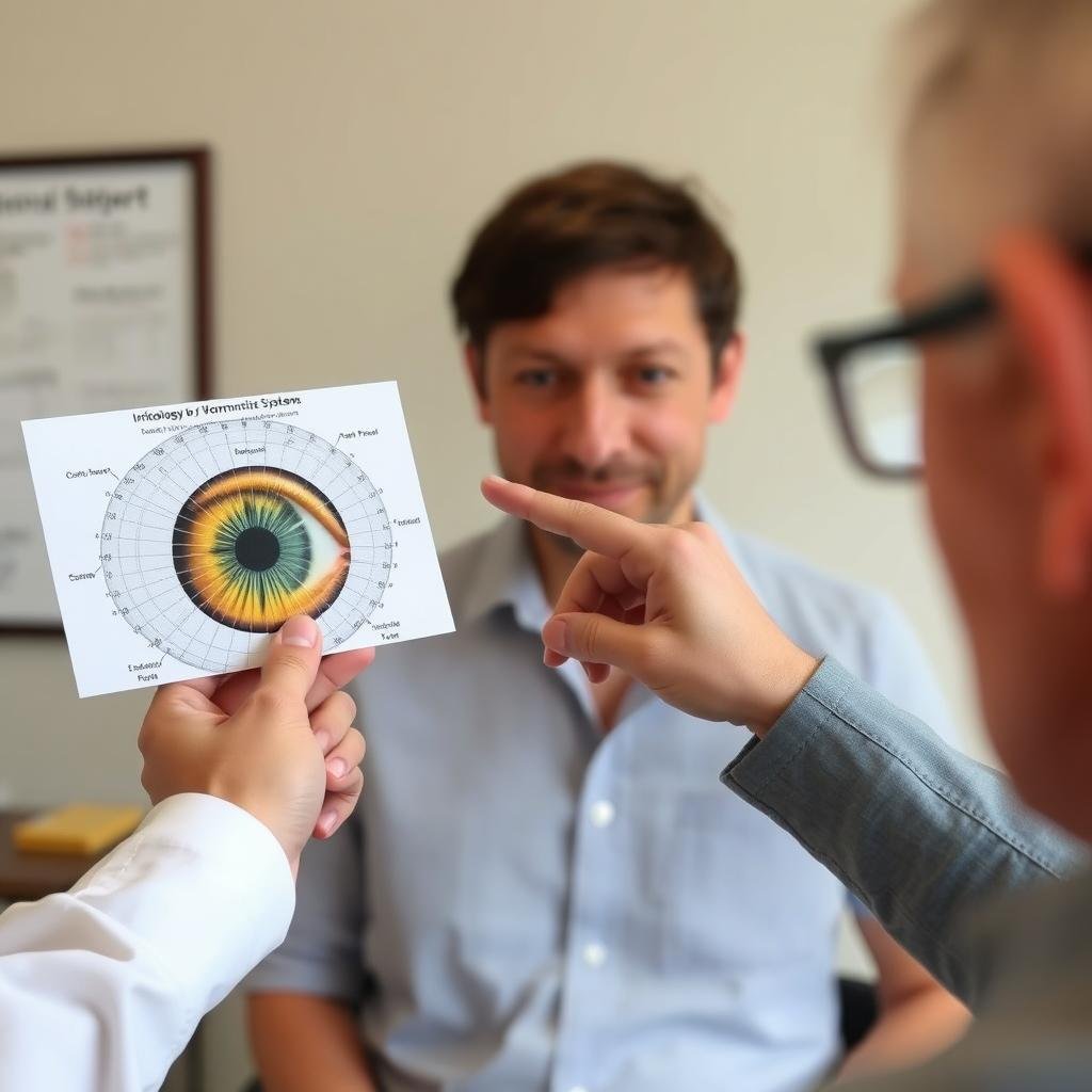Person comparing eye photo to iridology chart