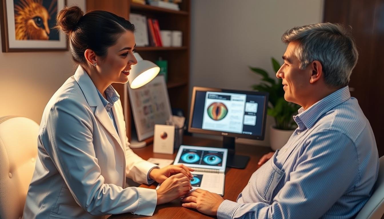 Person discussing health findings with an Iridologist in a consultation room