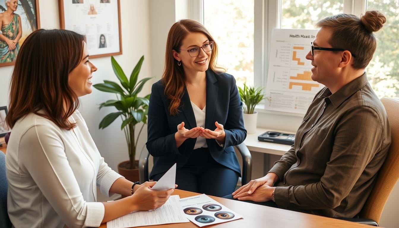 Person discussing health goals with an Iridologist in a consultation