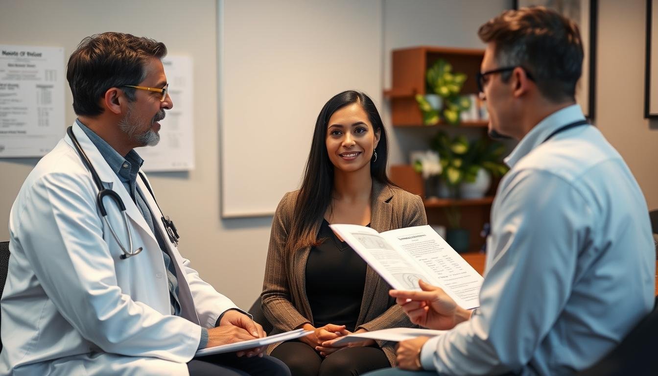 Person discussing health options with both a traditional doctor and an alternative health practitioner