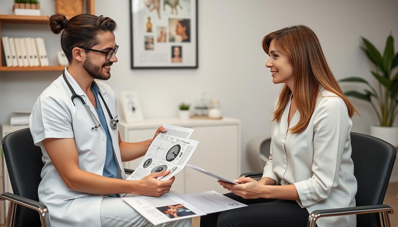 Person discussing iridology chart results with a holistic health practitioner