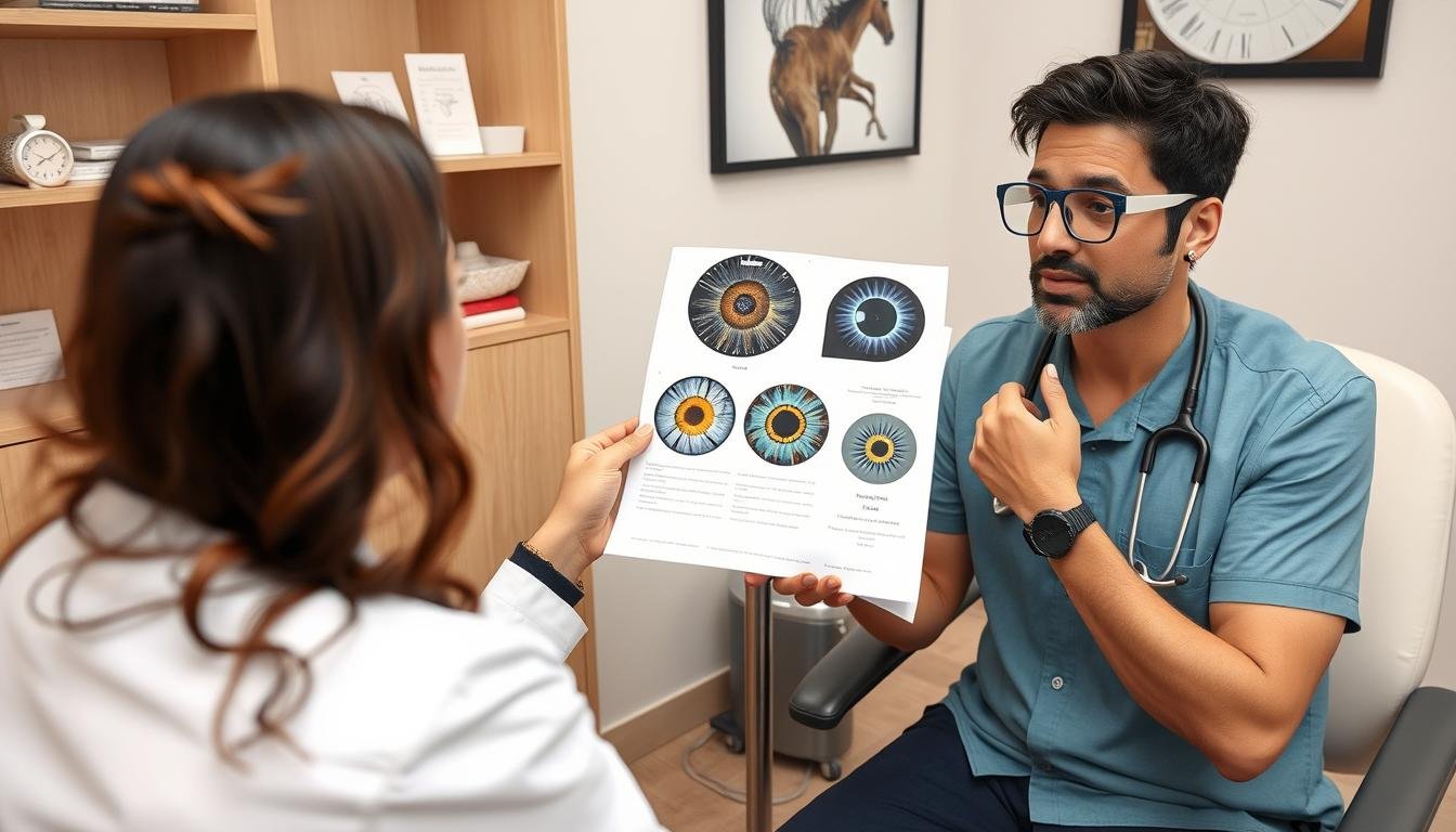 Person discussing iridology eye reading results with a healthcare professional