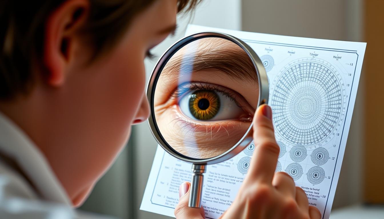 Person examining their eye in a mirror using an iridology chart as reference