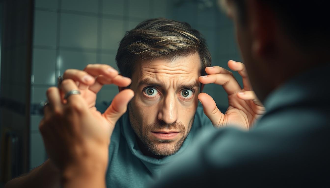 Person examining their eyes in a mirror, looking concerned about stress rings