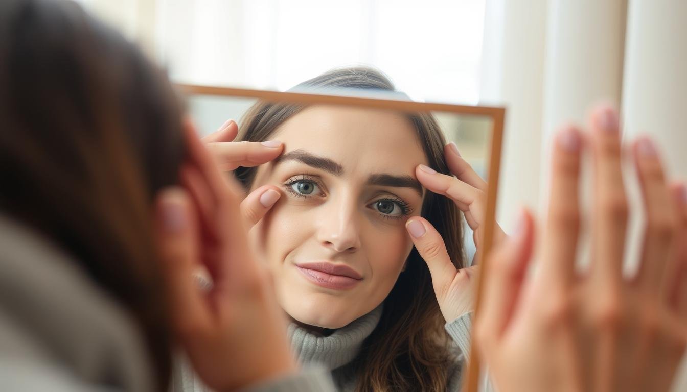Person examining their eyes in mirror with relaxed expression