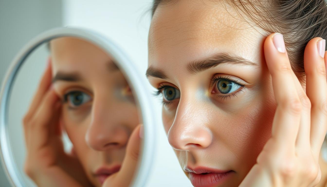 Person examining their own eyes in a mirror