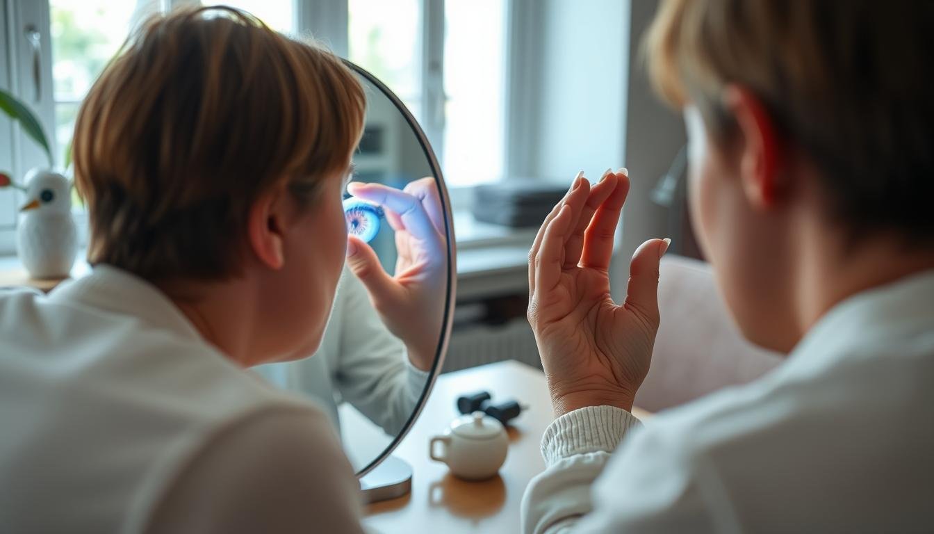 Person examining their own iris in a mirror with an iridology chart nearby