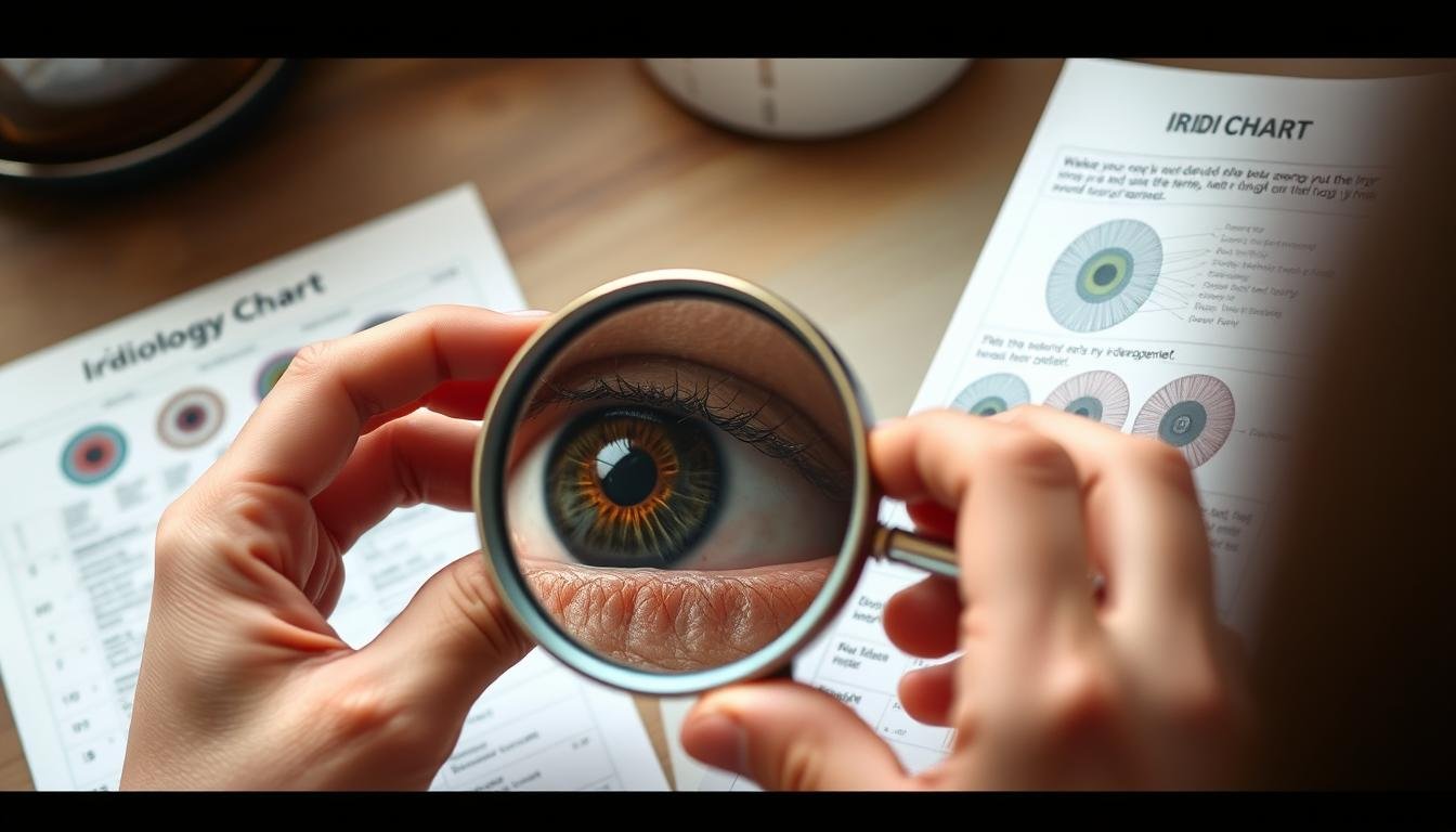 Person examining their own iris in a mirror with an iridology chart reference