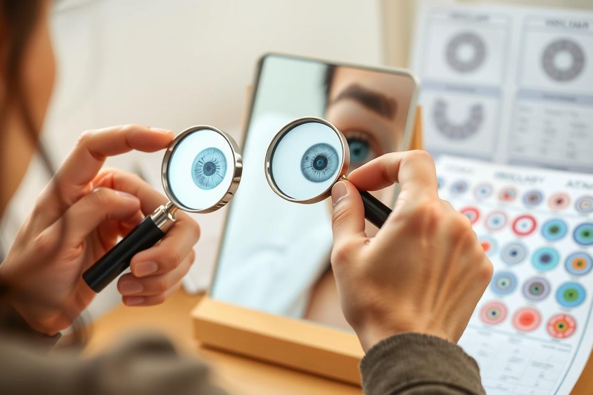 Person examining their own iris with a magnifying tool while referencing an iridology chart