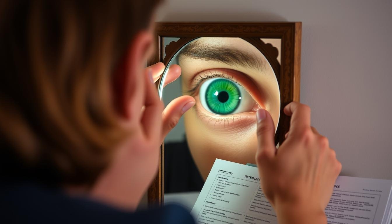 Person examining their own iris with an iridology chart nearby