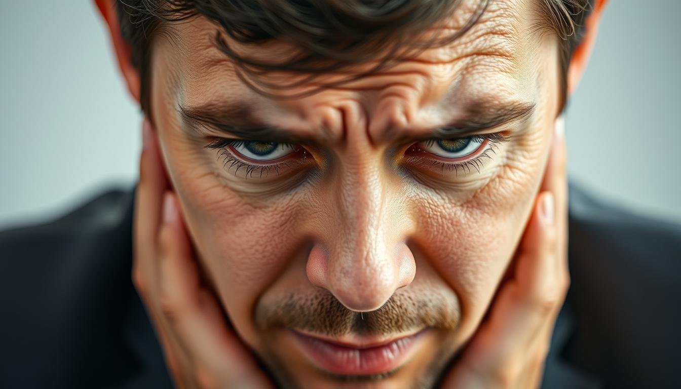 Person experiencing stress with visible effects on eyes