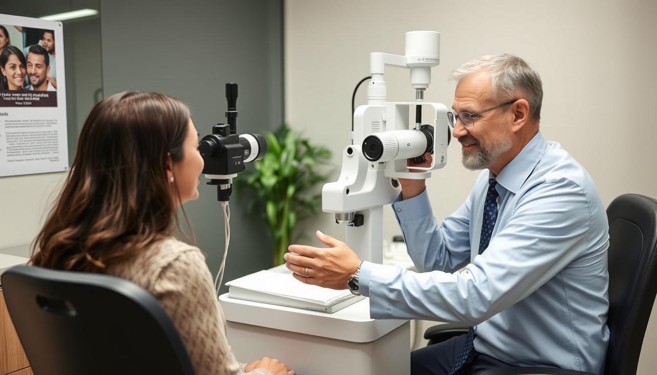 Person having a comprehensive eye examination with a professional optometrist
