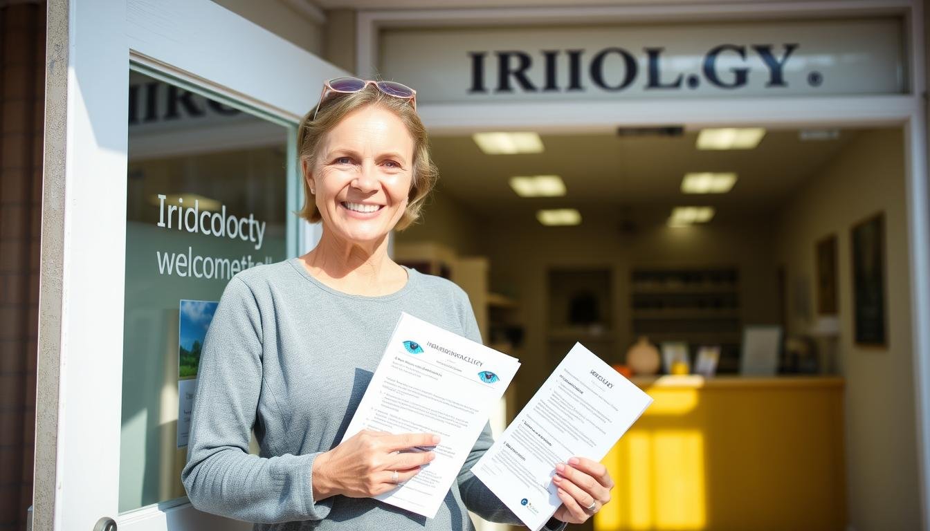 Person leaving an iridology session with informational materials and a positive outlook