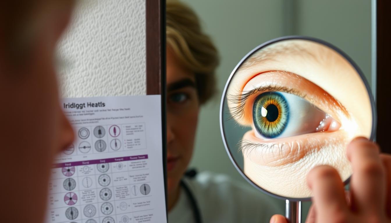 Person looking at their own iris in a mirror with an iridology chart nearby