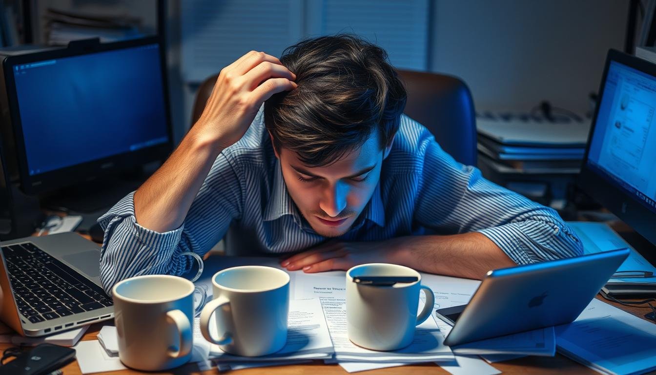 Person looking exhausted with multiple devices and coffee cups showing signs of sleep deprivation and digital overload