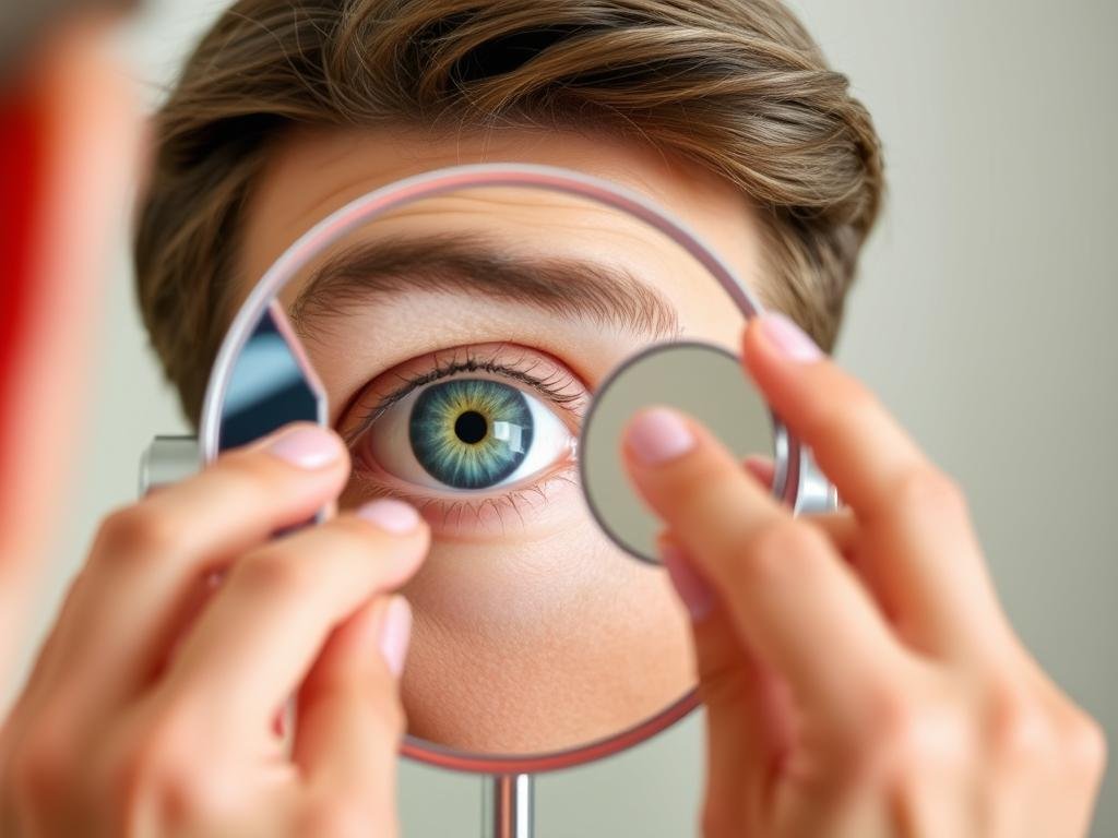 Person performing self-check of iris in mirror