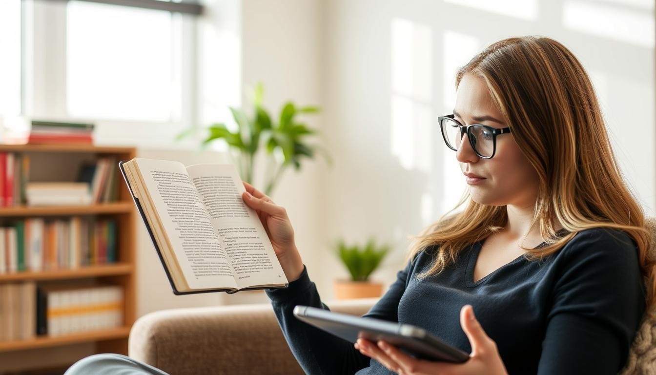 Person practicing Eye Reading with both print and digital materials