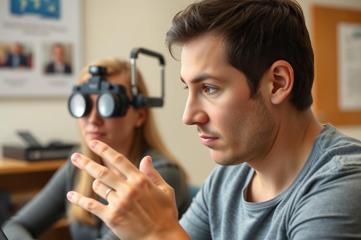 Person practicing eye reading techniques with a training partner