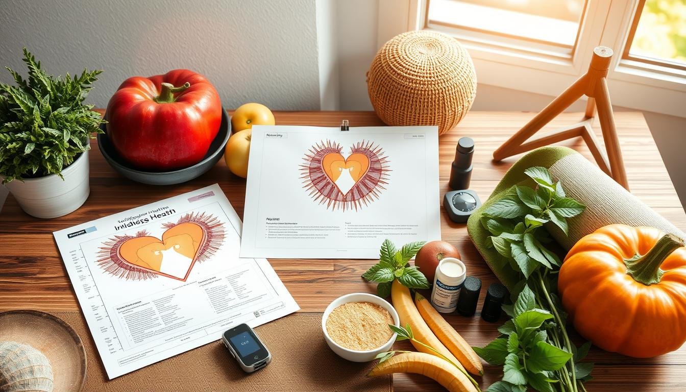Person practicing holistic heart health with iridology chart, healthy food, and exercise equipment