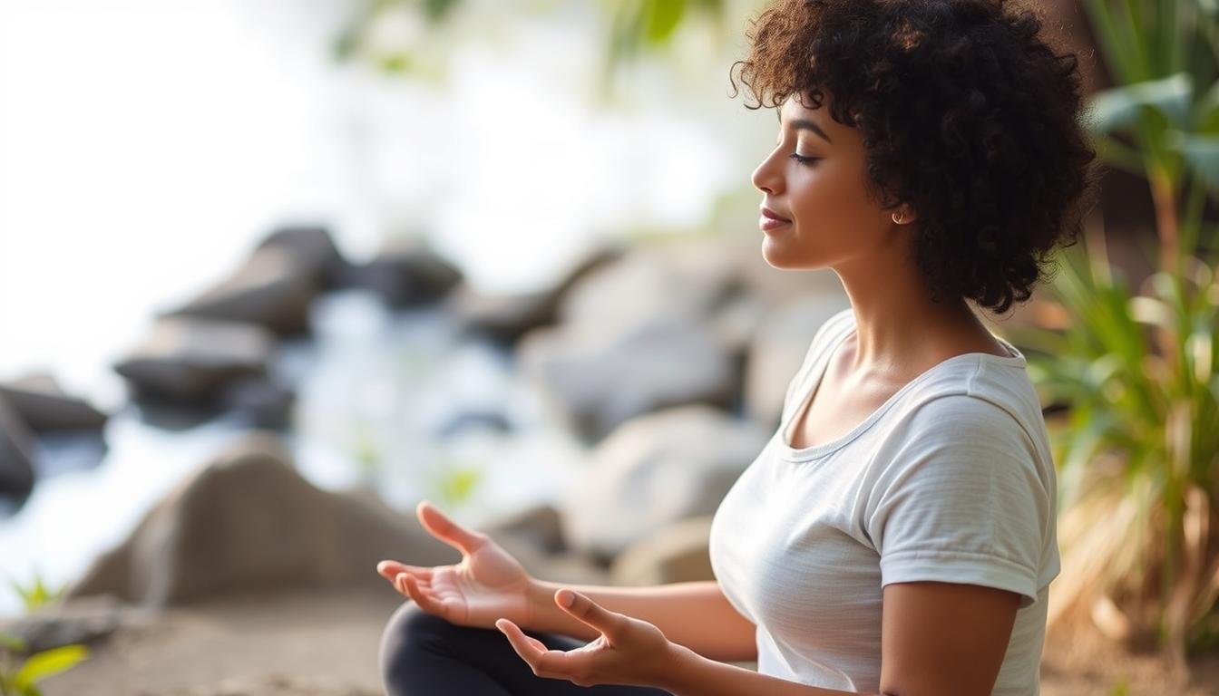 Person practicing meditation in a peaceful setting with visible relaxation