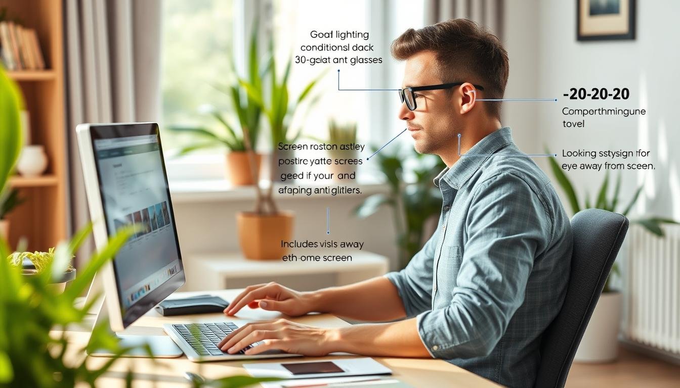 Person practicing proper ergonomics and eye care while using digital devices