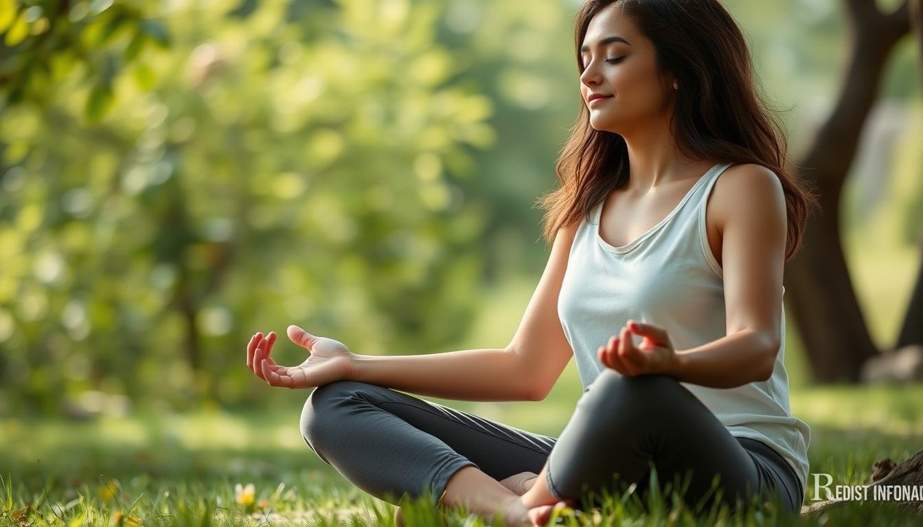Person practicing stress reduction techniques like meditation