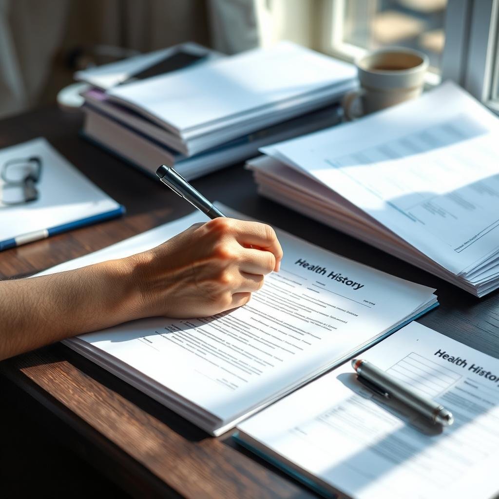 Person preparing health history documents for iridology consultation