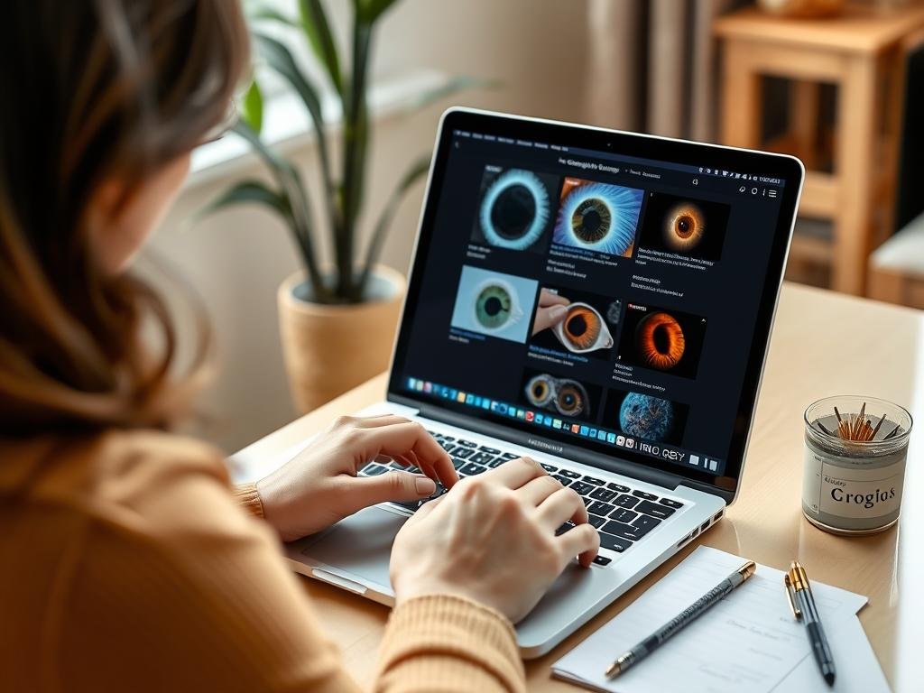 Person researching and comparing different iridology practitioners online