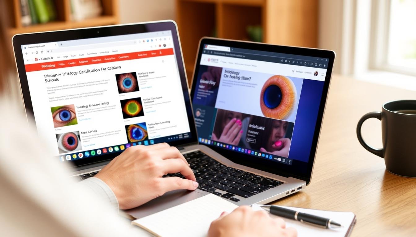 Person researching different iridology certification programs online