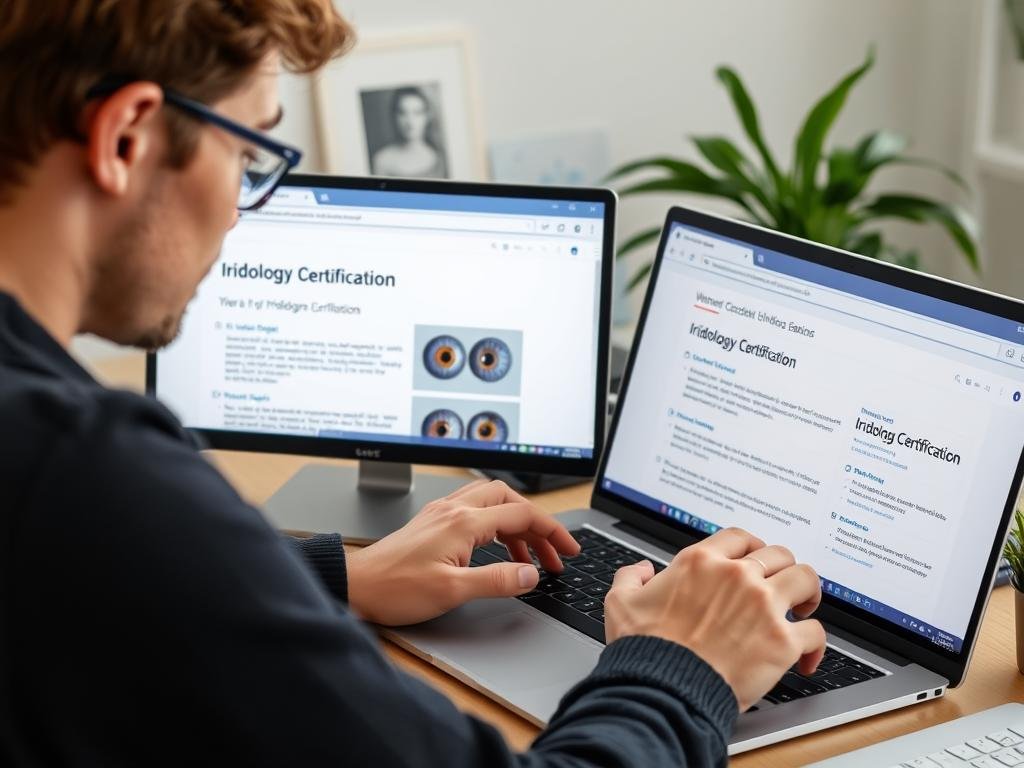 Person researching iridology certification programs online