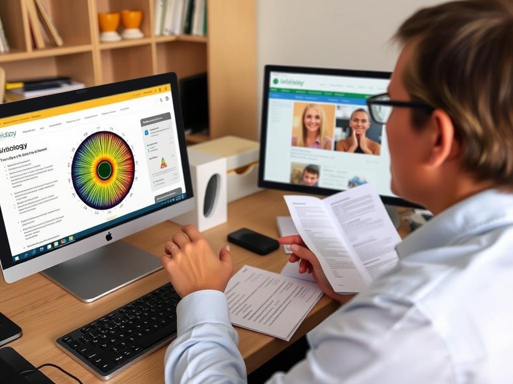 Person researching iridology charts and medical information online