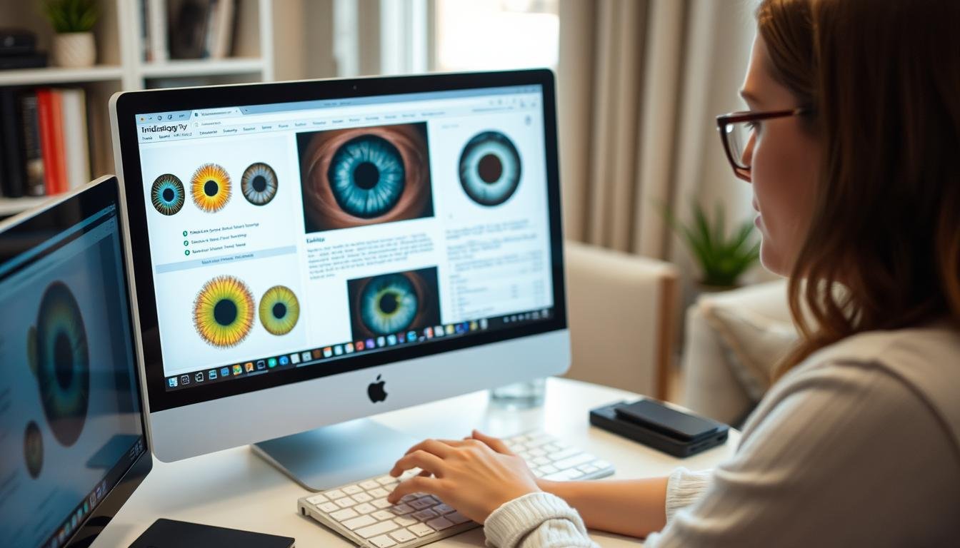 Person researching iridology information online