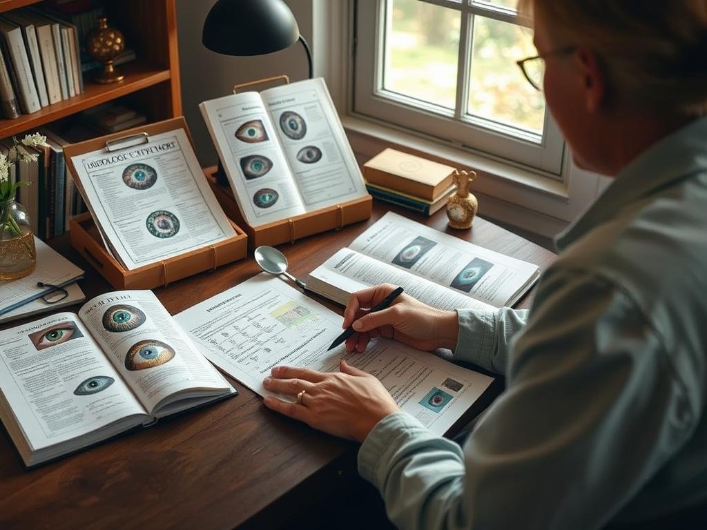 Person studying iridology chart materials with notes and reference books
