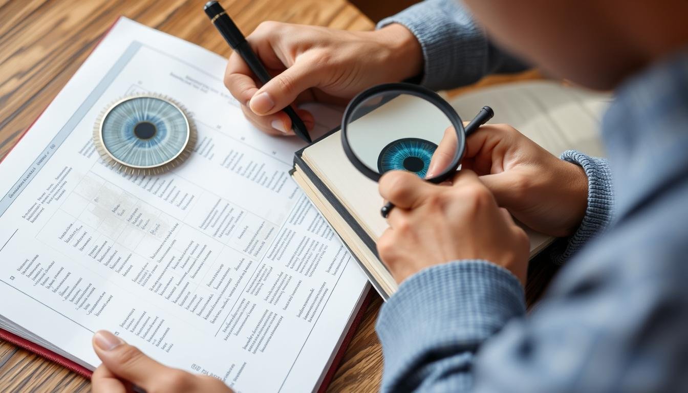 Person studying iridology chart with magnifying glass and notebook