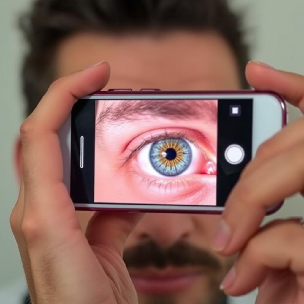 Person taking a close-up photo of their eye with smartphone