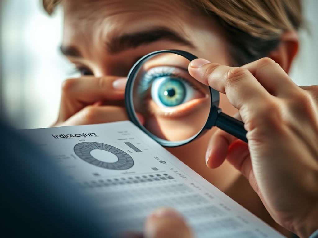 Person using a magnifying glass to examine an iris with an iridology chart nearby