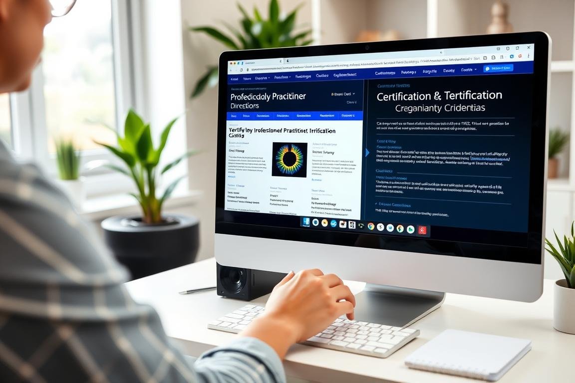 Person verifying iridology practitioner credentials online through association websites